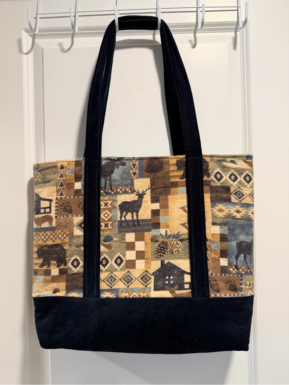 Tote Bag with Woodland Patchwork Print and Corduroy Trim